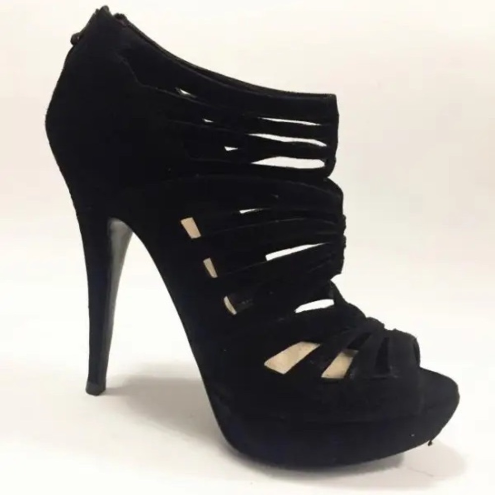 Miu Miu Black Suede Platform Multi-Strap Open Toe Sandals.